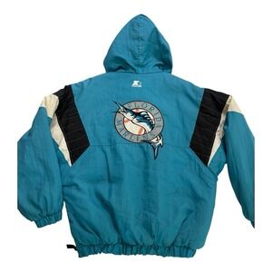 Vintage 90s Florida Marlins Puffer Jacket Mens L Teal Blue Starter Hooded Nylon